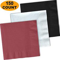 150 Lunch Napkins, Burgundy, Bright White, Midnight Black - 50 Each Color. 2 Ply Paper Dinner Napkins. 6.5" folded, 13.5" unfolded.