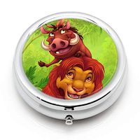 DISNEY COLLECTION Pill Box 3 Compartment King Lion Timon and Pumbaa Round Metal Silver Button Medicine Organizer Box Convenient Jewelry Box Vitamin Fish Oil Supplement Gift