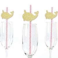 Gold Glitter Narwhal Party Straws - No-Mess Real Gold Glitter Cut-Outs and Decorative Under The Sea Paper Straws - Set of 24