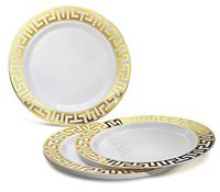 " OCCASIONS" 240 Plates Pack, Heavyweight Disposable Wedding Party Plastic Plates (10.5'' Dinner Plate, Milano in White & Gold)