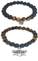 Hidden Hollow Beads Charm Tigers Eye and Black Lava Natural Stone Women's Yoga Beaded Stretch Bracelet Set. Comes in A Gift Box! (Baseball Mom)