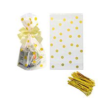 Gold Polka Dot Clear Cello Candy Favor Bags,Cellophane Cookie Treat Plastic Bags,with Gold Twist Ties, Pack of 100