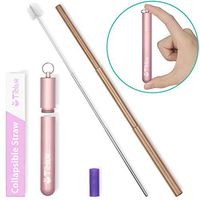 Reusable Collapsible Straw, Rose Gold 9.25'' Stainless Steel Metal Straw, BPA-Free FDA Approved Reusable Drinking Straws & Portable Telescopic Straw with 1 Pink Case, 1 Cleaning Brush, 1 Silicone Tip