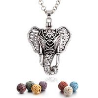 Antique Silver Lucky Elephant Lava Rock Necklace Aromatherapy Essential Oil Diffuser Locket Pendant Necklace, 24" Adjustable Chain (Silver)
