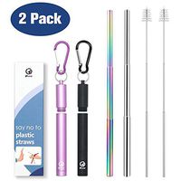 Collapsible Metal Straws Telescopic Reusable Rainbow Foldable Straws Eco-Friendly for Drinking Reusable Straws with Case Keychain Cleaning Brush Portable Steel 9.25 Inch 2 Pack (Purple - Black)