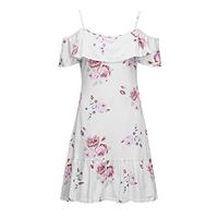 Women Summer Dresses Fashion Off-Shoulder Strap Flora Print Midi Sundress Casual Ruffle Mini A Line Dress (White, S)