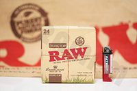 Bundle - 2 Items - Full Box 24 Packs (32 Leaves 32 Tips Per Pack) Of AUTHENTIC Raw Rolling Paper Organic Connoisseur King Size And Patriot Lighter