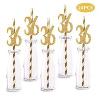 36th Birthday Paper Straw Decor, 24-Pack Real Gold Glitter Cut-Out Numbers Happy 36 Years Party Decorative Straws
