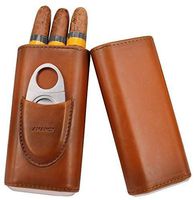 Mix Vogue Premium Quality 3-Finger Portable Brown Leather Cigar Case, Cedar Wood Lined Cigar Humidor with Silver Stainless Steel Cutter