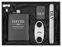 Engraved 7oz Stainless Steel Flask Funnel Cigar Cutter Lighter Wedding Bow Tie Gift Set Custom Personalized