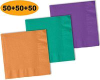 150 Beverage Napkins, Autumn Orange, Teal, Amethyst - 50 Each Color. 2 Ply Paper Cocktail Napkins. 5" folded, 10" unfolded.