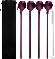 Reusable 10 Inch Stainless Steel Spoon Straws - WEEGCN 4-Pack Drinking Straws Mixing Spoon for cold cereal, Ice Cream, Milkshakes, Smoothies with Cleaning Brushes & Storage Pouch,Purple