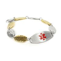 My Identity Doctor Customized Medical ID Bracelet with Free Engraving, 1.5cm Gold Tone Steel Petals - Red - Wrist Size 6.5 Inch