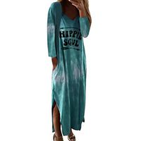 Women's Dress Long Sleeve Letter Printed Casual Maxi Dresses Crewneck Beach Tops Blouse with Pocket