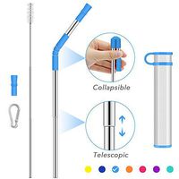 Collapsible Telescopic Straw Reusable Drinking Straws,Portable Stainless Steel Metal Straw Folding Final with Carrying Case&Cleaning Brush Keychain Carabiner&Silicone Tips for Travel-Blue