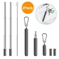 JTENG Portable Reusable Straws, 2 Pack Stainless Steel Metal Straw, Premium Collapsible Straw with Aluminum Case, Cleaning Brush and Keychain (Black & Black)