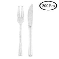 AOVITY 200 Pcs Plastic Silverware Disposable Party Plastic Flatware Set 100 Plastic Forks 100 Plastic Knives Silver