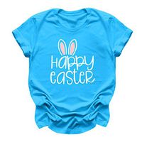 Eoeth Blouse Pullover for Women Happy Easter Letter Printed Short Sleeves Casual O-Neck Tops Shirts T-Shirt Tracksuits Tee Blue