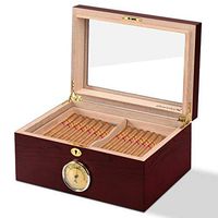 Household Tobacco Large Lockable 75-100 Cigar Humidor Red Storage Humidifier Hygrometer Walnut Wood Case Box Heavy Duty Glasstop Healthy Craftmanship Durable Construction Removable Tray with Divider