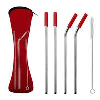 Connoworld Reusable Stainless Steel Straws Kit Tools, Includes 2 Straight Drinking Straws + 2 Bent Drinking Straws + 1 Cleaning Brush + 4 Detachable Silicone Tips Covers Red