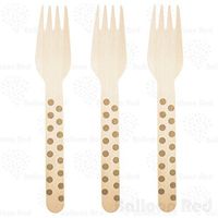 Stamped Wooden Disposable Forks (Premium Quality), Pack of 24 - Polka Dots - Gold