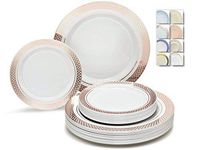 " OCCASIONS" 50 Plates Pack (25 Guests)-Heavyweight Wedding Party Disposable Plastic Plate Set -25 x 10.5'' Dinner + 25 x 7.5'' Salad/Dessert plates (Celebration White/Rose Gold)