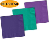 150 Beverage Napkins, Grape Purple, Teal, Amethyst - 50 Each Color. 2 Ply Paper Cocktail Napkins. 5" folded, 10" unfolded.