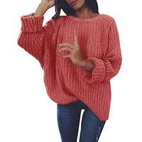 Aunimeifly Women's Knitted Sweater Pure Color Pullover O-Neck T-Shirt Long Sleeve Blouse Loose Jumper Tops Red