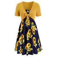 Women Short Sleeve Bow Knot Bandage Smock-Frock+Sunflower Print Spaghetti Strap Short Dress Popular Sets