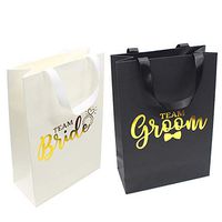 Tryke Co. Bridesmaid & Groomsmen Wedding Party Gift Bags - 6 White Team Bride 6 Black Team Groom Kraft Paper Bag Gold Foiled with Ribbon Handle