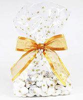 Saybrook Products Gold Stars Cellophane Treat/Party Favor Bags with Twist-Tie Organza Bow. Set of 10 Ready-to-Use, Gusseted 11x5x3 Goodie Bags with Bow. Gold/Clear