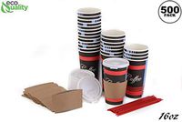 [500 PACK] - 16oz - Paper Coffee Hot Cups, White Travel Lids, Sleeves & Stirrers - Disposable Coffee Cups, To Go Travel Mug, Office/Party Pack, Hot/Cold Coffee, Tea & Chocolate, Latte, Cappuccino