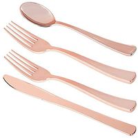 AngosBasics Rose Gold Silverware Plastic Set | 150 Count Heavy Duty Plastic Utensils | Disposable Cutlery for Weddings, Receptions, Dinners Parties or any Catering Event | 50 Forks-50 Knives-50 Spoons