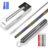 Longzon Reusable Collapsible Metal Straws, Foldable Portable Rainbow Telescopic Stainless Steel Drinking Straw with Travel Key-chain Case & Cleaning Brush (Grey)