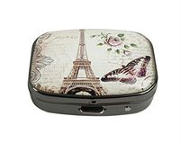 XUTAI Custom Personalized Square Stainless Steel Gun Silver Glass Travel Pill Case Vitamin Decoration Box (Vintage Paris Eiffel Tower Pink Rose Floral and Butterfly)