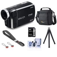 Minolta MN50HD 1080p Full HD 20MP Digital Camcorder, Black - Bundle with 64GB SDXC Card, Camera Case, Peak Camera Cuff Wrist Strap Charcoal, FotoPro UFO 2 Flexible Tripod, Cleaning Kit