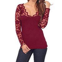 Sunhusing Ladies Sexy Hollow-Out Lace Trim Loose V-Neck Stitching Long Sleeve Tops Slim Pullover T-Shirt(Wine,XL)