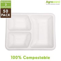 Agroware Rectangular 3 Compartment Heavy Duty Disposable Tree-Free Plate 100% Natural Eco-Friendly Sugarcane Biodegradable Compostable Bagasse Plate,100% Gluten Free, Pack of 50
