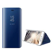 Amocase Smart Clear View Case with 2 in 1 Stylus for Samsung Galaxy A8 2018,Ultra Slim Electroplate Plating Stand Mirror Full Body Shockproof PC + Magnetic PU Leather Flip Case - Blue