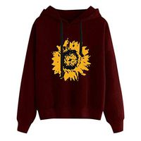 HNTDG Fashion Womens Casual Sunflower Print Long Sleeve Hoodie Sweatshirt Hooded Pullover Tops Blouse Wine