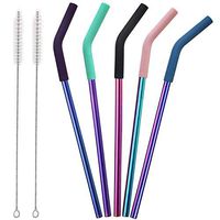 Senneny Set of 5 Stainless Steel Straws with Silicone Flex Tips Elbows Cover, 2 Cleaning Brushes and 1 Portable Bag Included - Colorful