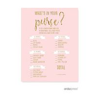 Andaz Press Blush Pink Gold Glitter Print Wedding Collection, What's in Your Purse? Bridal Shower Game Cards, 20-Pack