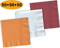 150 Beverage Napkins, Autumn Orange, Bright White, Burgundy - 50 Each Color. 2 Ply Paper Cocktail Napkins. 5" folded, 10" unfolded.