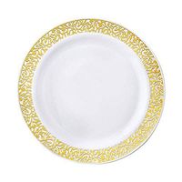 BalsaCircle 30 pcs 7.5-Inch White with Gold Trim Plastic Round Plates - Disposable Wedding Party Catering Tableware