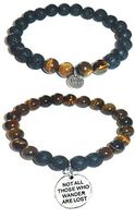 Hidden Hollow Beads Charm Tigers Eye and Black Lava Natural Stone Women's Yoga Beaded Stretch Bracelet Set. Comes in A Gift Box! (Not All Those who Wander are Lost)