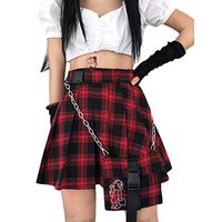 EDC Plaid Skirts for Women, Women's Elastic Waist Tartan Pleated School Skirt Skirts with Pockets Above Knee Length (S, Red)