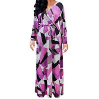 Jocund Women Dress Lovely Printing Long Sleeve Sexy V-Neck Casual Dress with Belt Long Maxi Dress