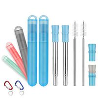 2 Pack Reusable Metal Straws Collapsible Stainless Steel Drinking Straws, Portable Telescopic Foldable Straw with Case, Silicone Mouthpiece, Brushes & Carabiner | BPA Free（2OA Blue）