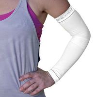 BeVisible Sports Arm Compression Sleeves Arm & Elbow Support for Men Women & Youth - Boosts Circulation, Aids Faster Recovery - with SPF 50+ UV Sun Protection - 1 Pair (Small/Medium, White)