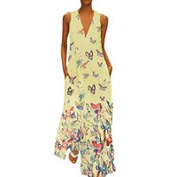⚡HebeTop⚡ Women's Deep V Neck Sleeveless Unique Cross Wrap Casual Loose Midi Dress Yellow